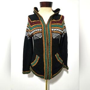 MIA'S SECRETS ALPACA Hooded Black And Colorful Patterned Knit Sweater. Size S